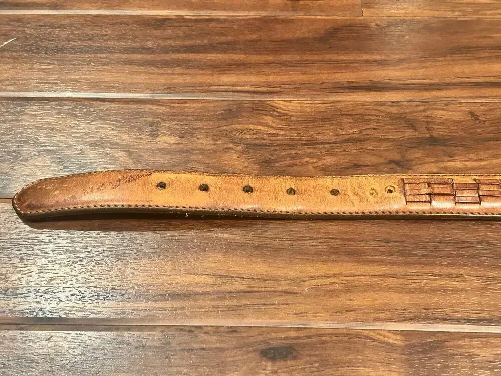 Vintage Hand-Tooled Tan Leather Western Belt with Brass Buckle